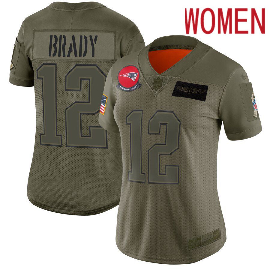 Women New England Patriots #12 Brady Green Nike Olive Salute To Service Limited NFL Jerseys->women nfl jersey->Women Jersey